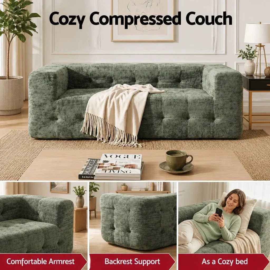 3-Seater Sofa Bed Green Chenille Zero Assembly Modern Living Room Furniture