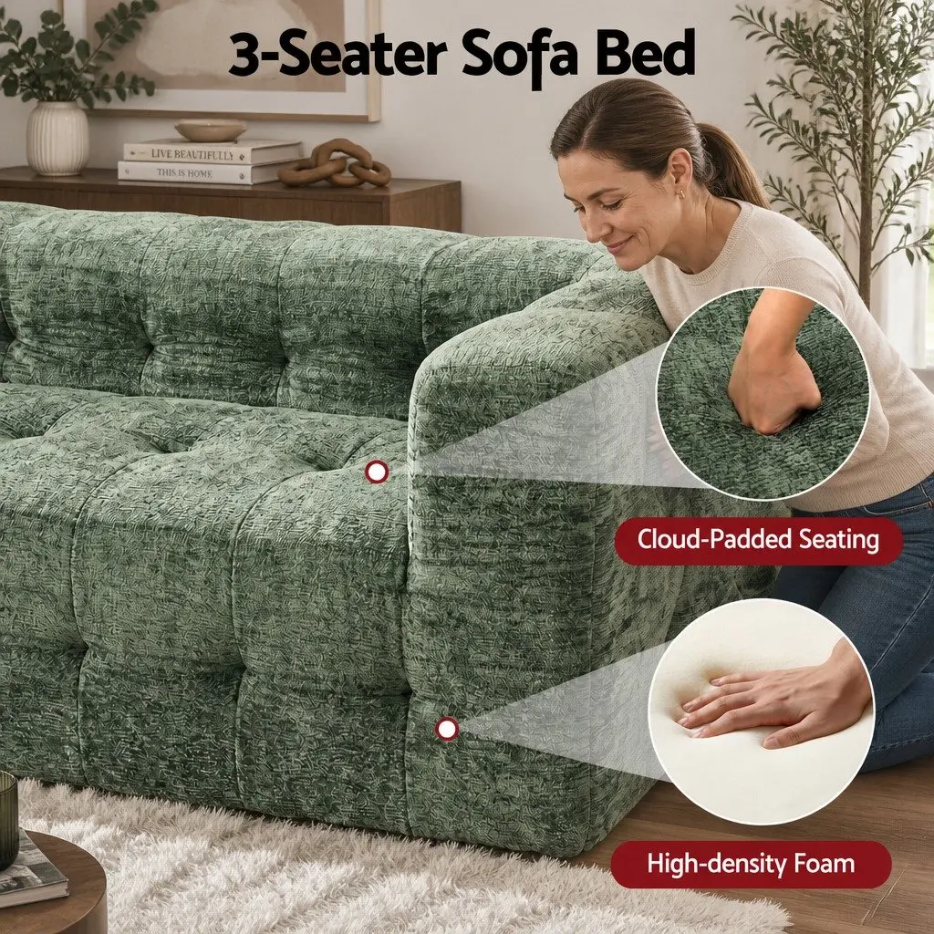 3-Seater Sofa Bed Green Chenille Zero Assembly Modern Living Room Furniture