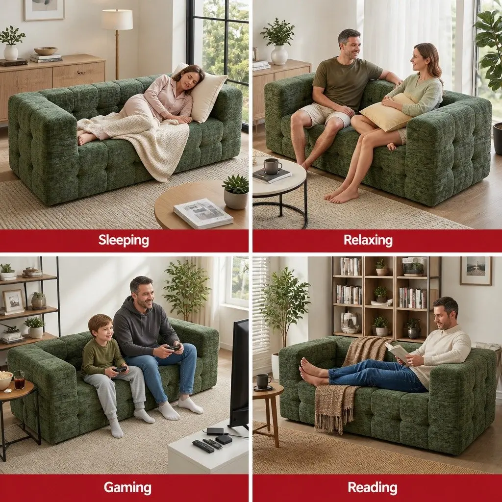 3-Seater Sofa Bed Green Chenille Zero Assembly Modern Living Room Furniture