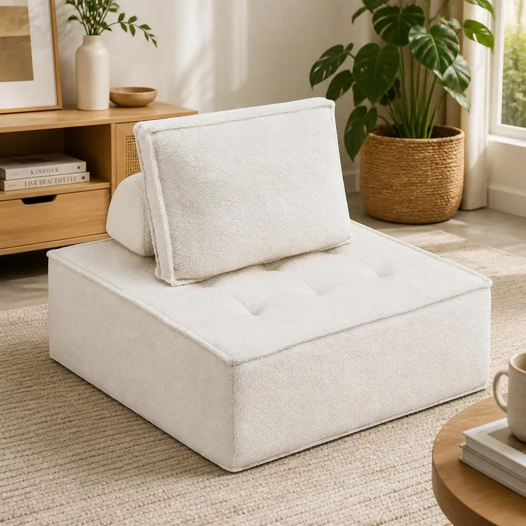 Floor Sofa Lounge Chair White Portable Folding Cushioned with Removable Pillow