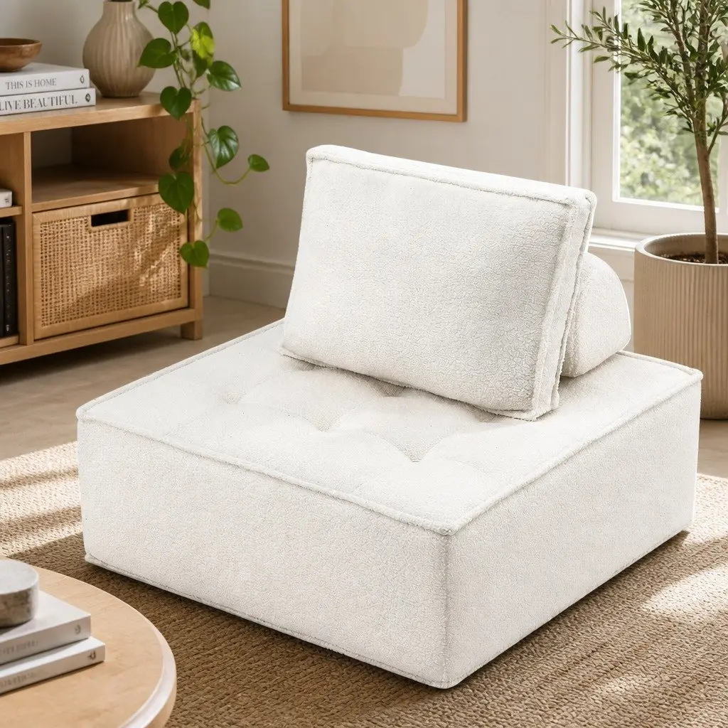 Floor Sofa Lounge Chair White Portable Folding Cushioned with Removable Pillow