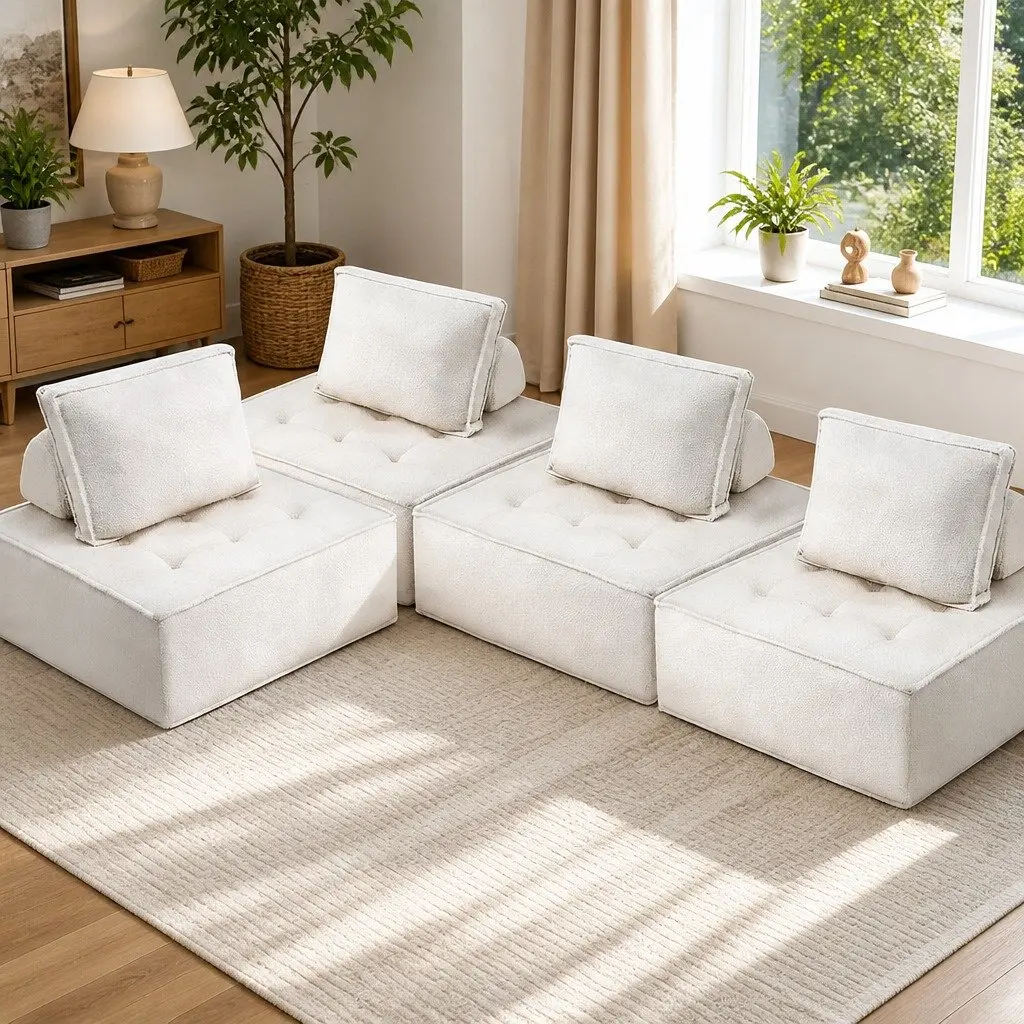 Floor Sofa White 4 Seater Modular Cushion Couch with Removable Pillow