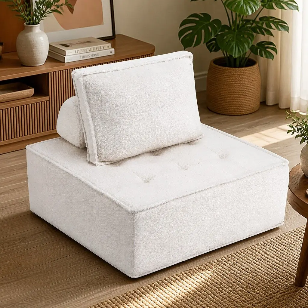 Floor Sofa White 4 Seater Modular Cushion Couch with Removable Pillow