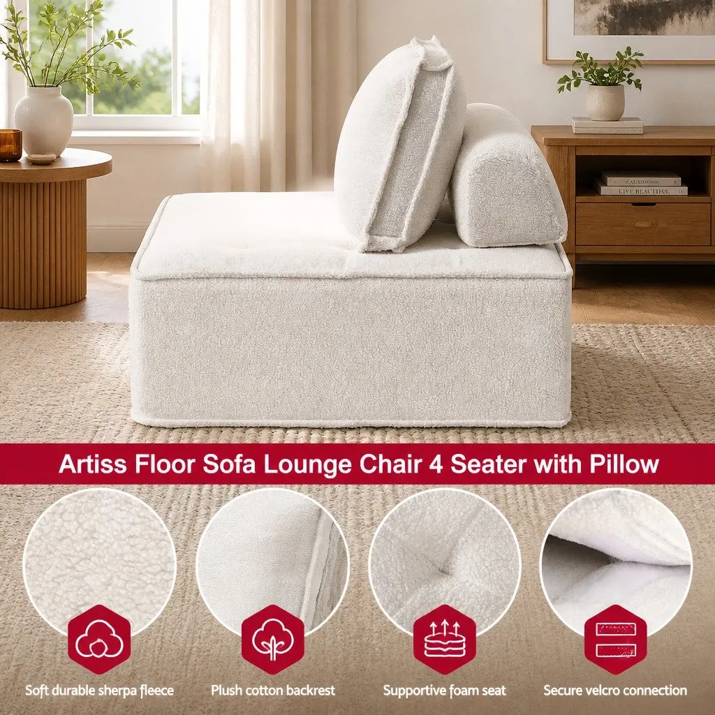 Floor Sofa White 4 Seater Modular Cushion Couch with Removable Pillow