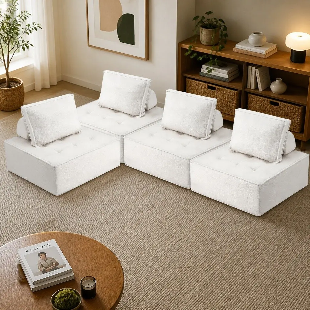 Floor Sofa White 4 Seater Modular Cushion Couch with Removable Pillow