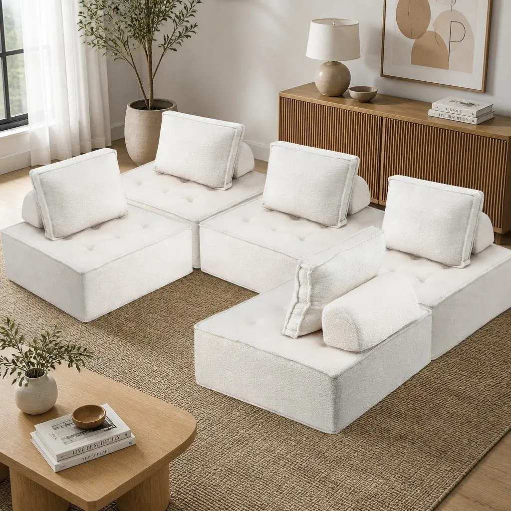 Floor Sofa 5 Seater White Removable Pillow Plush Cotton Couch
