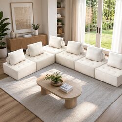 Floor Sofa Lounge Chair 6 Seater Cushion with Removable Pillow White Portable