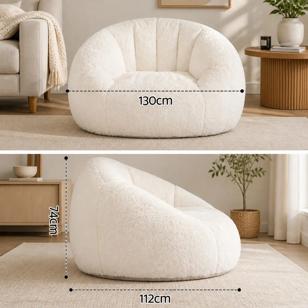 Shell-Shaped Floor Lounge Chair White Soft Faux Fur High-Density Foam Support