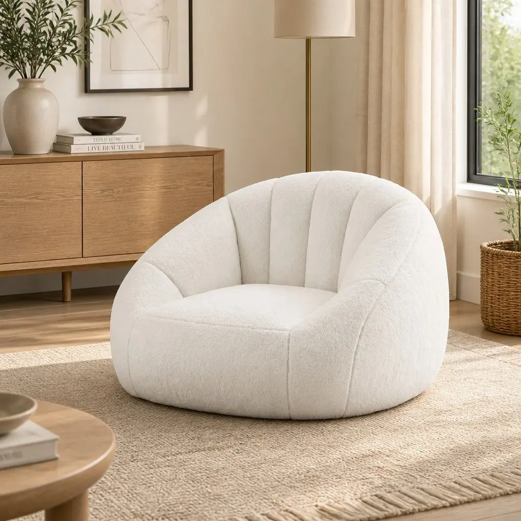Shell-Shaped Floor Lounge Chair White Soft Faux Fur High-Density Foam Support