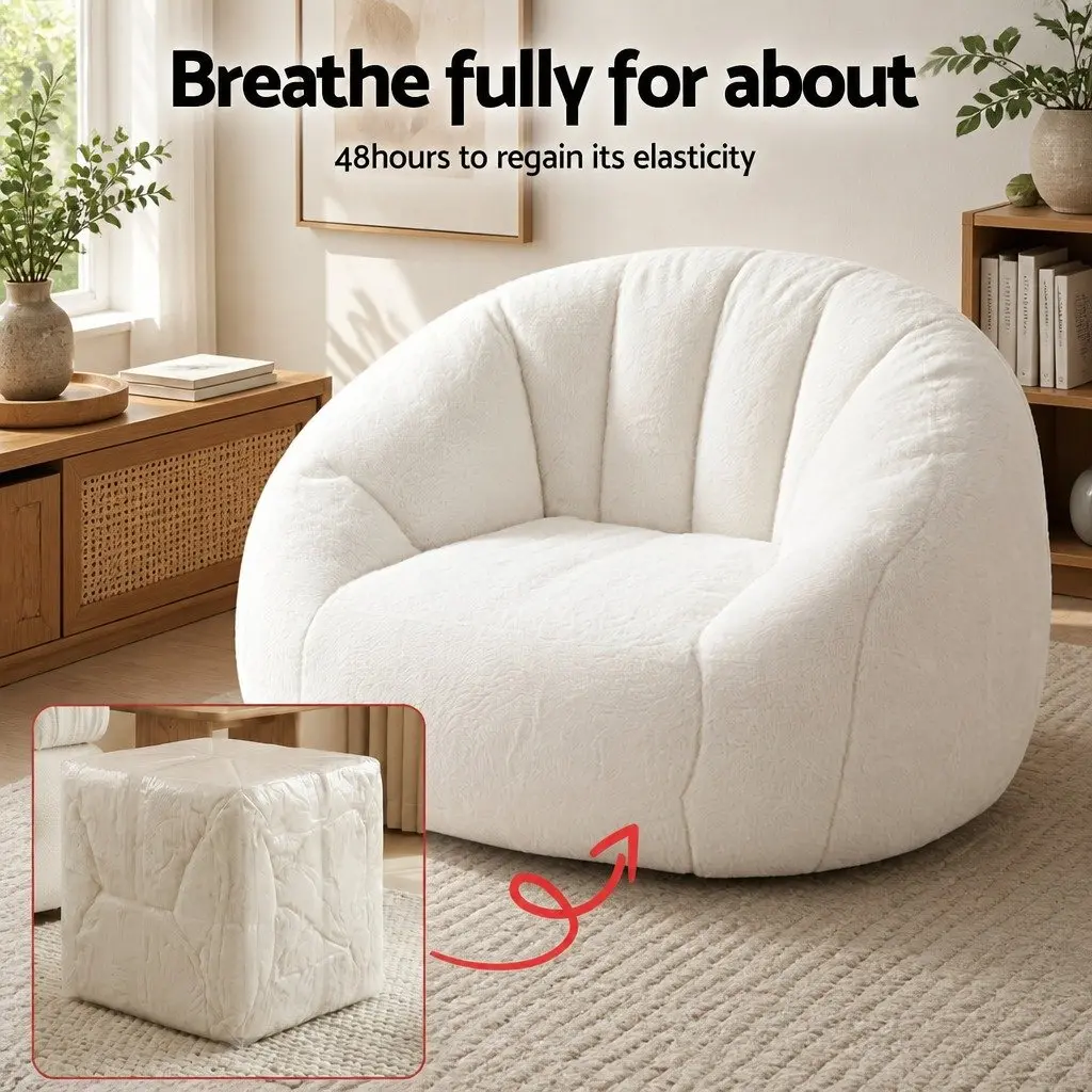 Shell-Shaped Floor Lounge Chair White Soft Faux Fur High-Density Foam Support