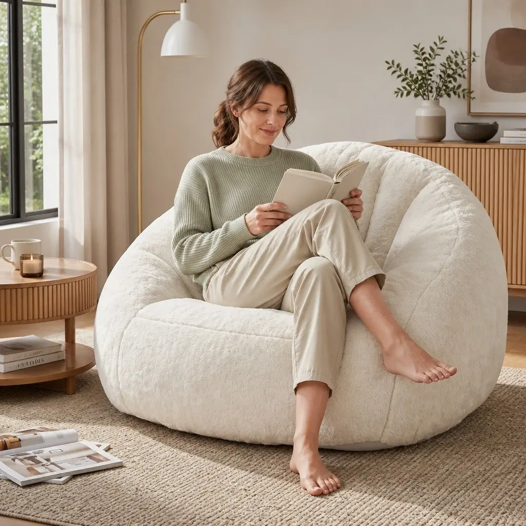 Shell-Shaped Floor Lounge Chair White Soft Faux Fur High-Density Foam Support