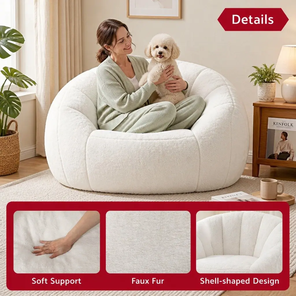 Shell-Shaped Floor Lounge Chair White Soft Faux Fur High-Density Foam Support