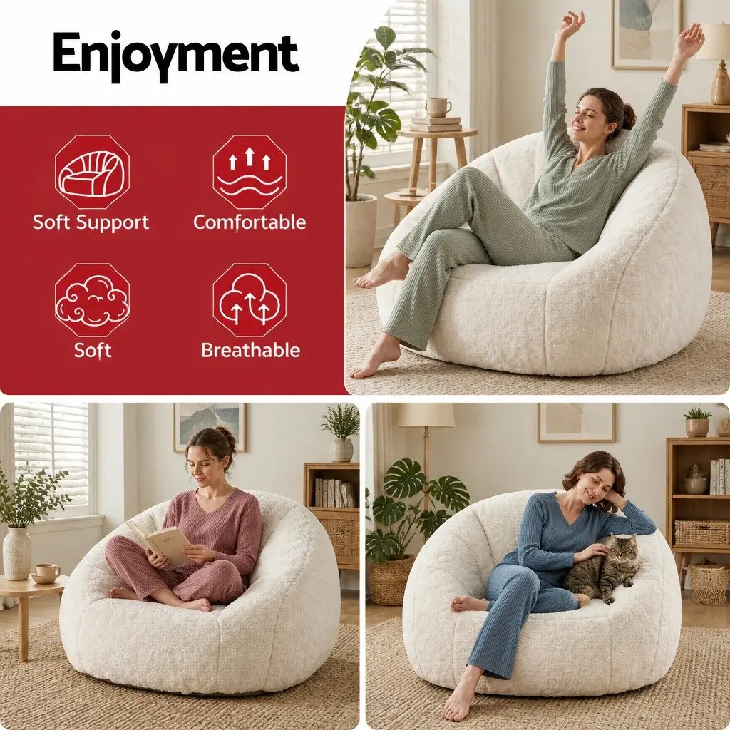Shell-Shaped Floor Lounge Chair White Soft Faux Fur High-Density Foam Support