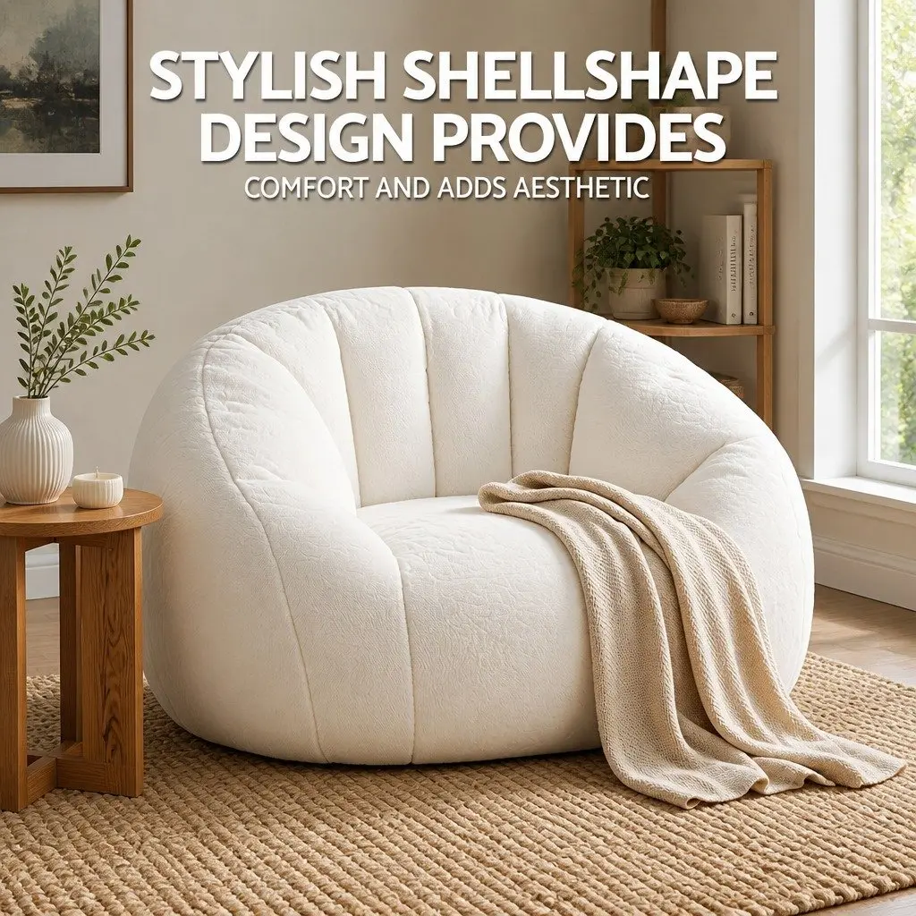 Shell-Shaped Floor Lounge Chair White Soft Faux Fur High-Density Foam Support