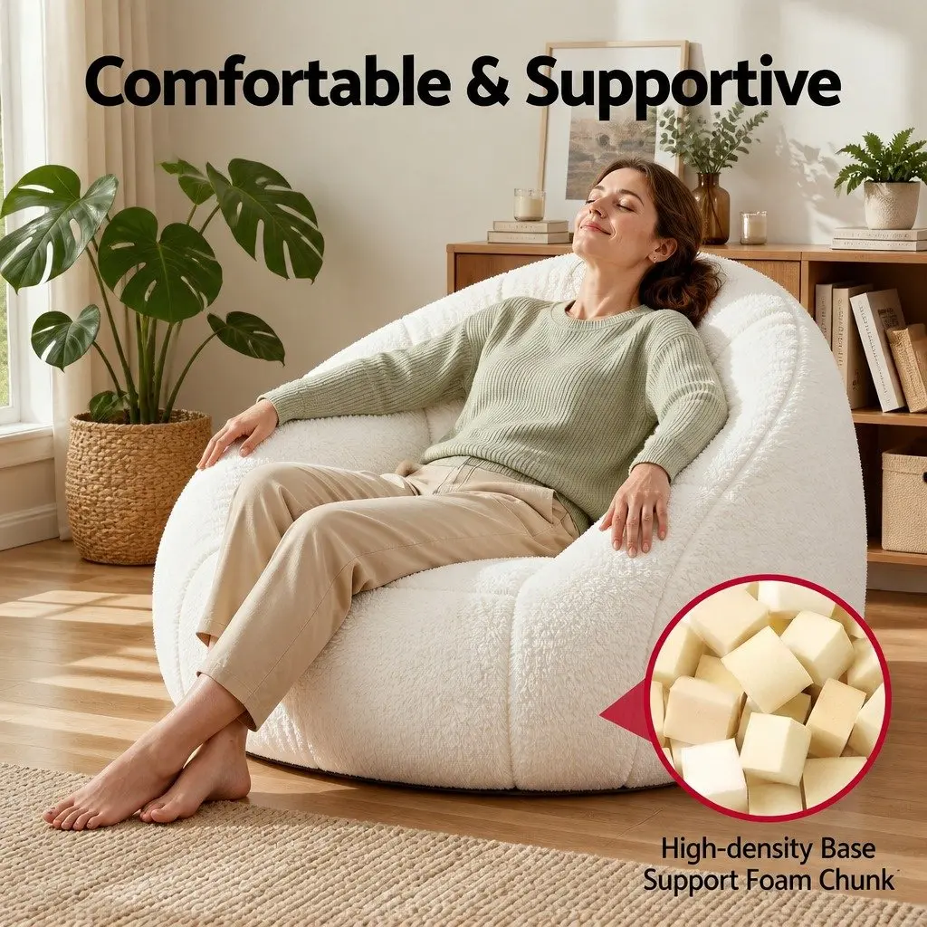 Shell-Shaped Floor Lounge Chair White Soft Faux Fur High-Density Foam Support
