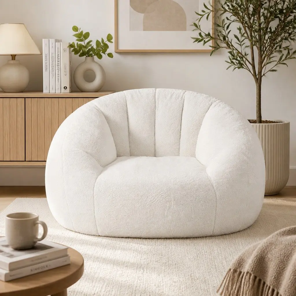 Shell-Shaped Floor Lounge Chair White Soft Faux Fur High-Density Foam Support