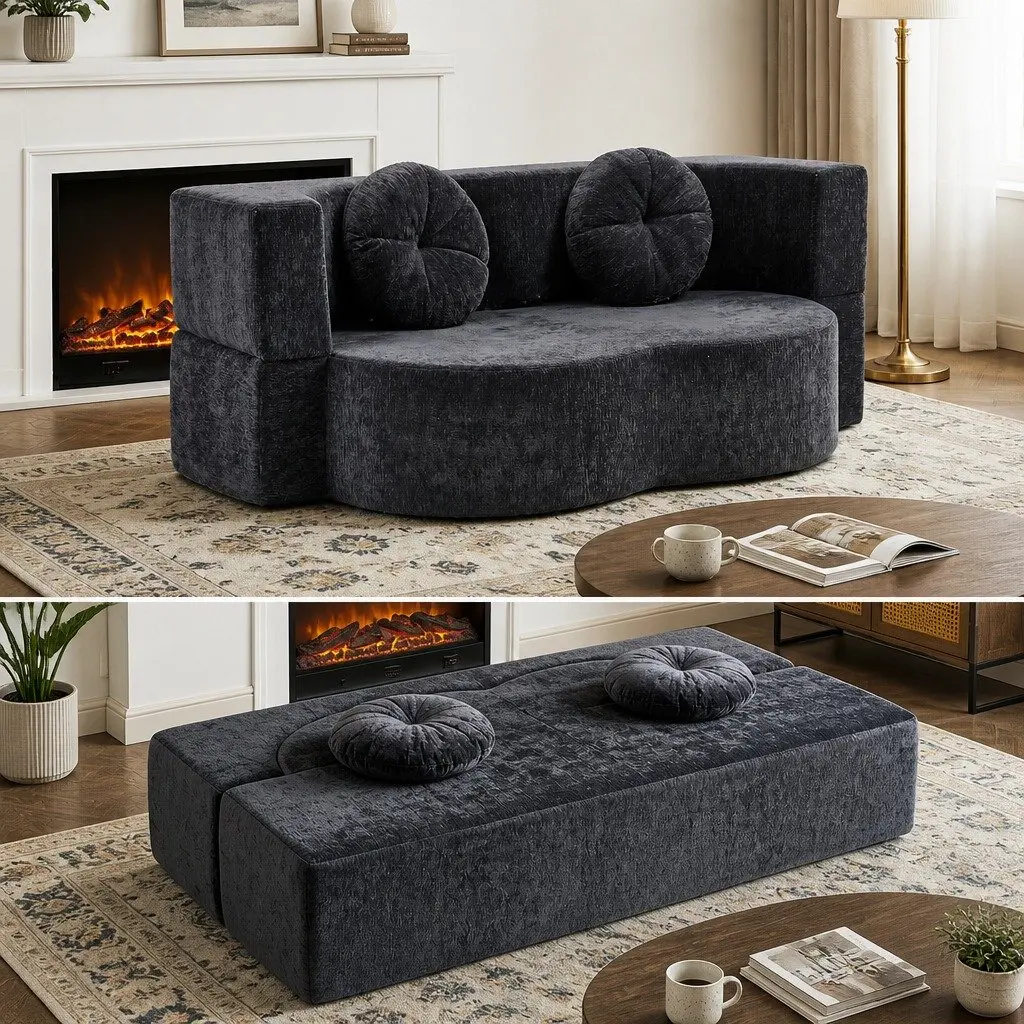Convertible Sofa Bed Grey 2 in 1 Folding Loveseat Sleeper Couch with Plush Fabric and High Resilience Foam