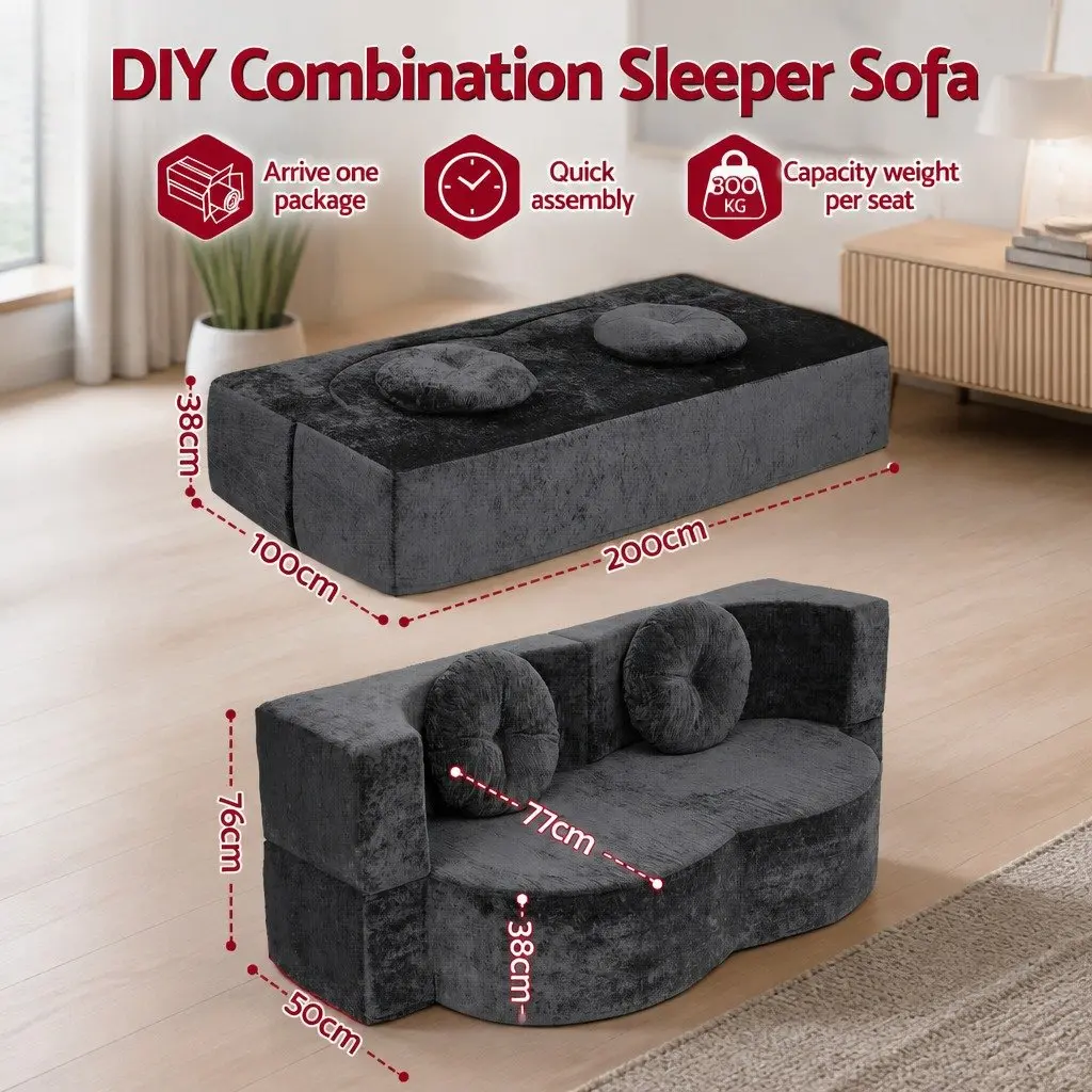 Convertible Sofa Bed Grey 2 in 1 Folding Loveseat Sleeper Couch with Plush Fabric and High Resilience Foam