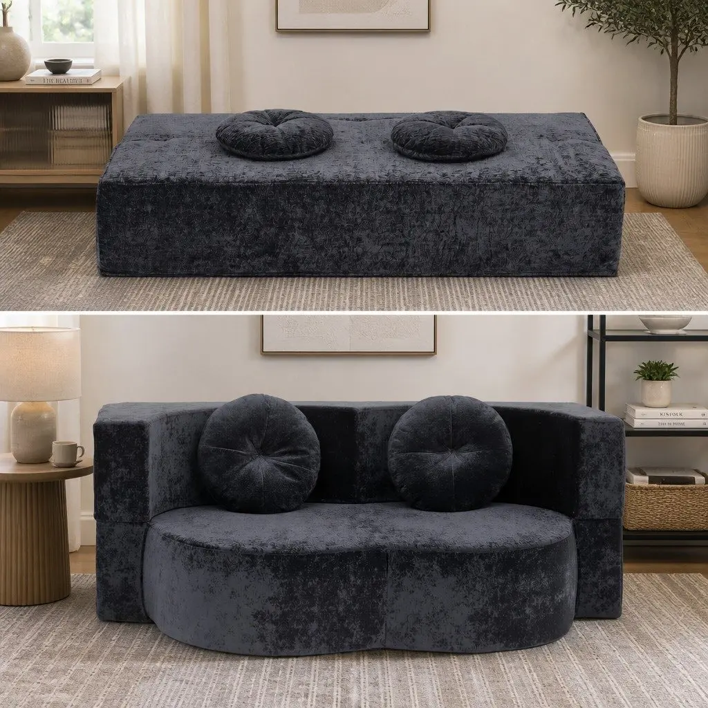 Convertible Sofa Bed Grey 2 in 1 Folding Loveseat Sleeper Couch with Plush Fabric and High Resilience Foam