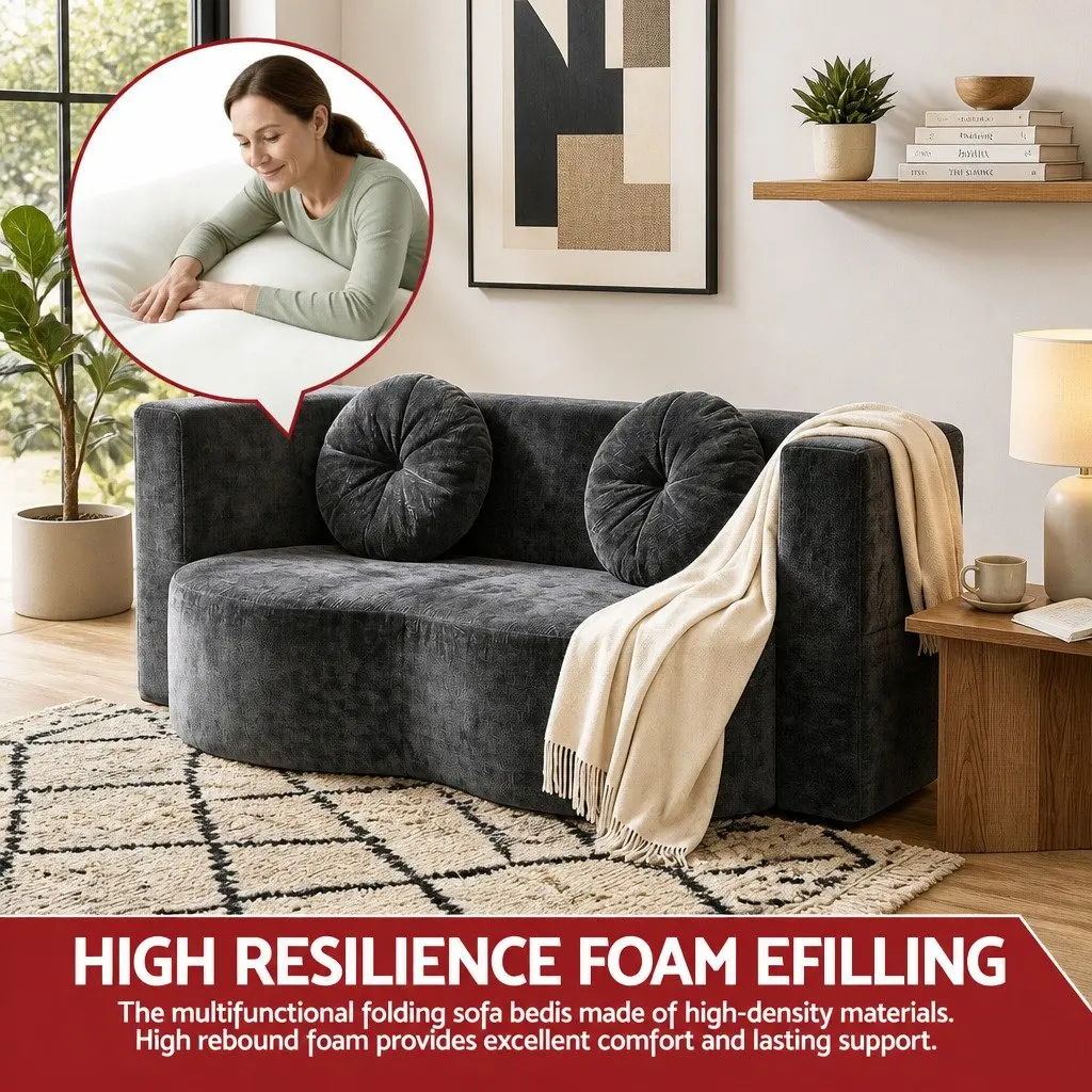 Convertible Sofa Bed Grey 2 in 1 Folding Loveseat Sleeper Couch with Plush Fabric and High Resilience Foam