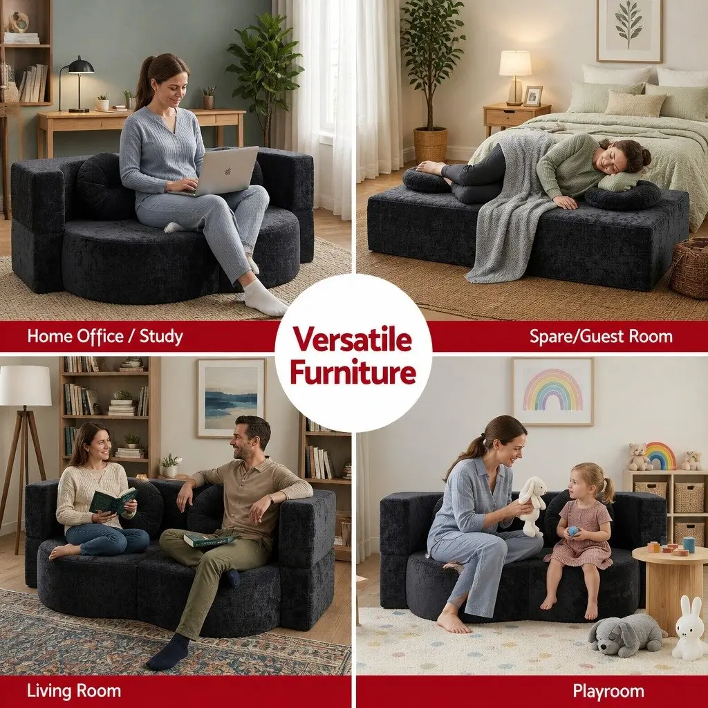 Convertible Sofa Bed Grey 2 in 1 Folding Loveseat Sleeper Couch with Plush Fabric and High Resilience Foam