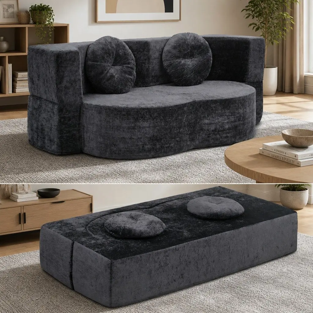 Convertible Sofa Bed Grey 2 in 1 Folding Loveseat Sleeper Couch with Plush Fabric and High Resilience Foam