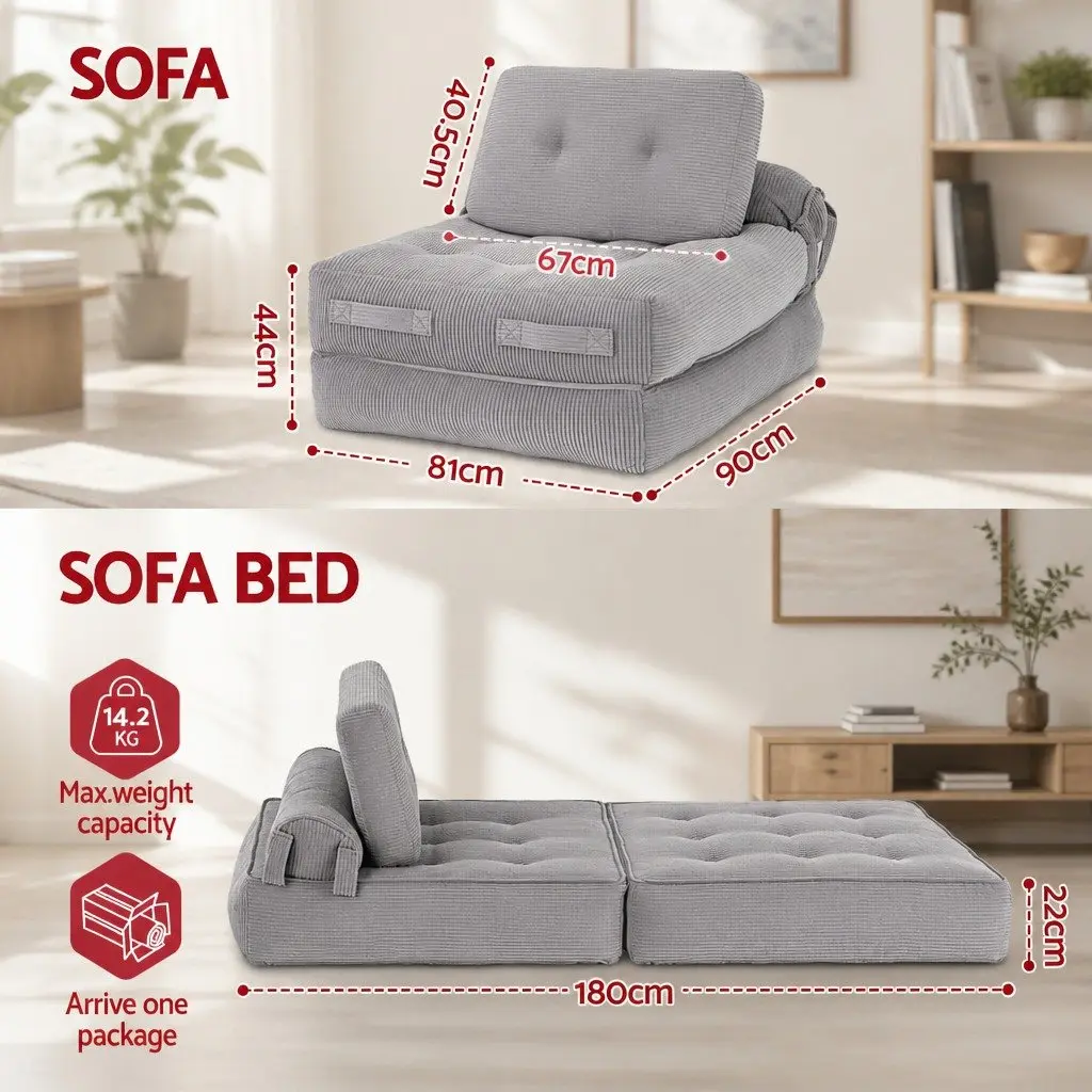 1 Seater Convertible Sofa Bed Pull Out Couch Grey Boneless Design Floor Sleeper