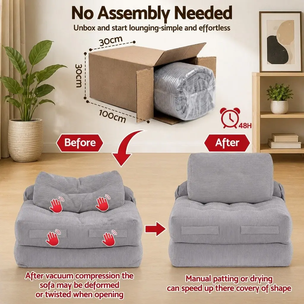 1 Seater Convertible Sofa Bed Pull Out Couch Grey Boneless Design Floor Sleeper