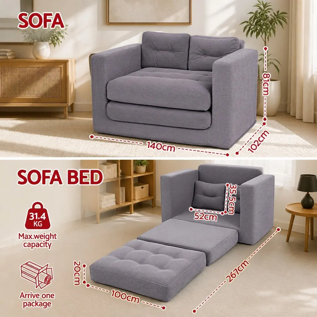 2 Seater Convertible Pull Out Sofa Bed Corduroy Boneless Couch Grey Sleeper