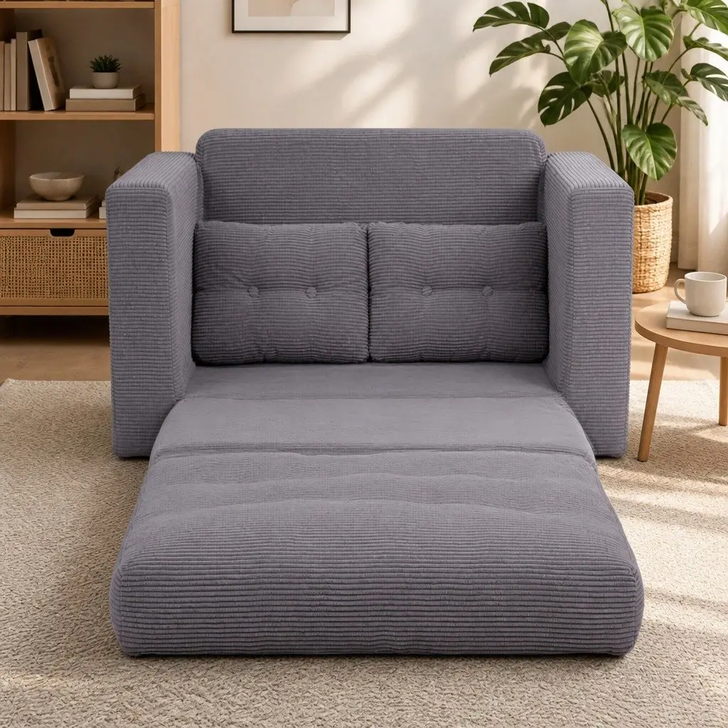 2 Seater Convertible Pull Out Sofa Bed Corduroy Boneless Couch Grey Sleeper