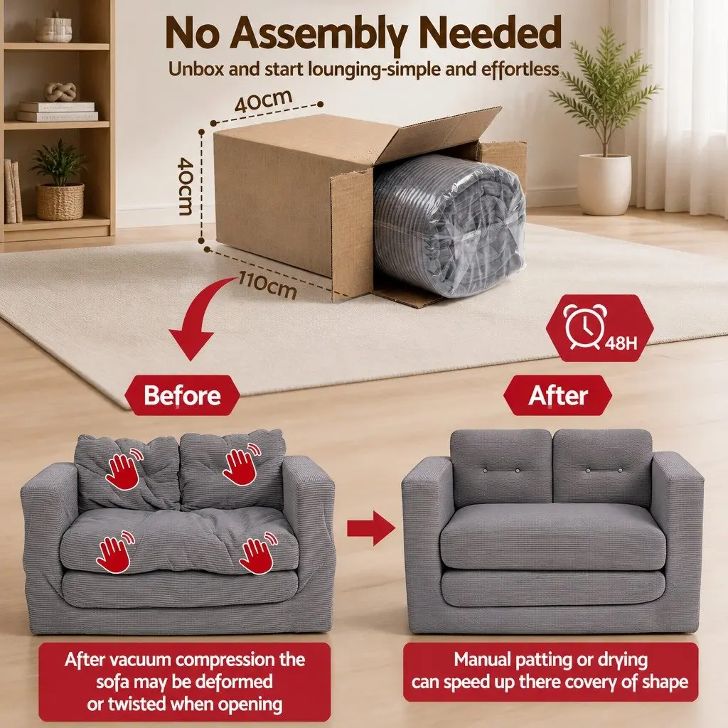 2 Seater Convertible Pull Out Sofa Bed Corduroy Boneless Couch Grey Sleeper