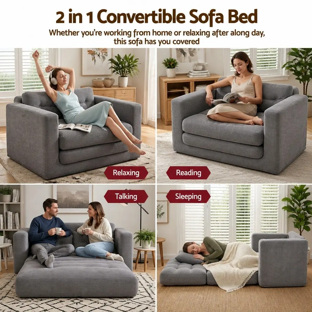 2 Seater Convertible Pull Out Sofa Bed Corduroy Boneless Couch Grey Sleeper