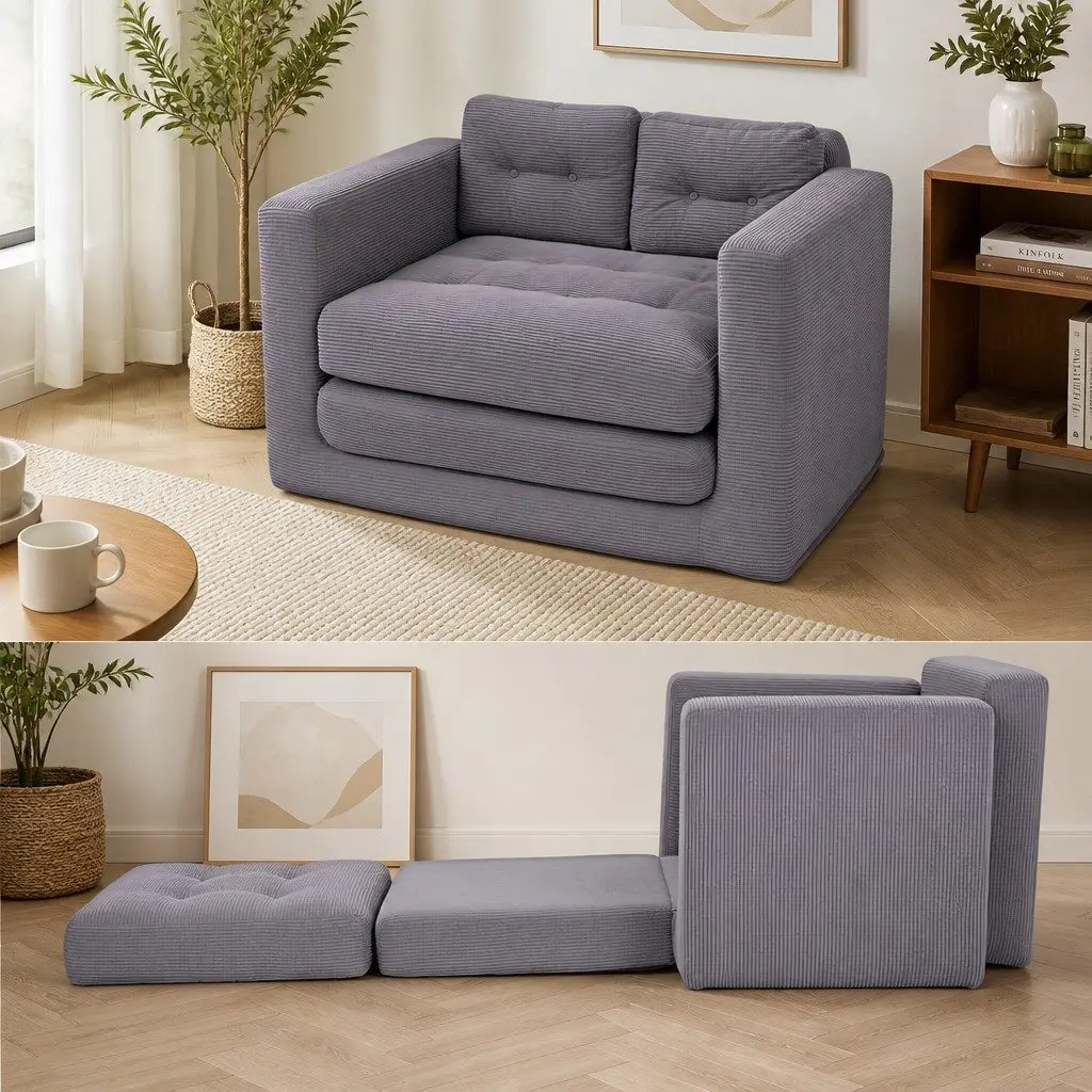 2 Seater Convertible Pull Out Sofa Bed Corduroy Boneless Couch Grey Sleeper