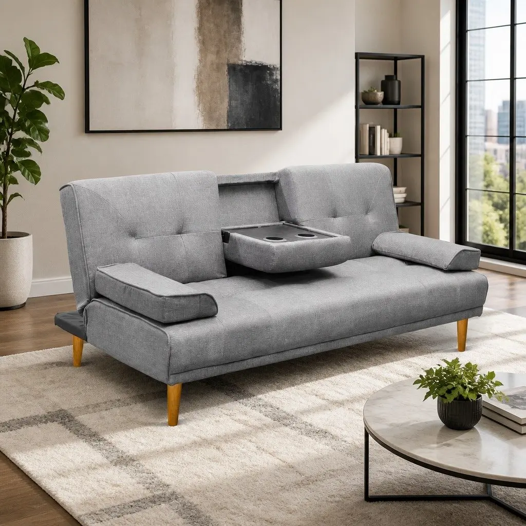3-Seater Sofa Bed Grey 188cm Faux Linen Convertible Couch Adjustable Backrest