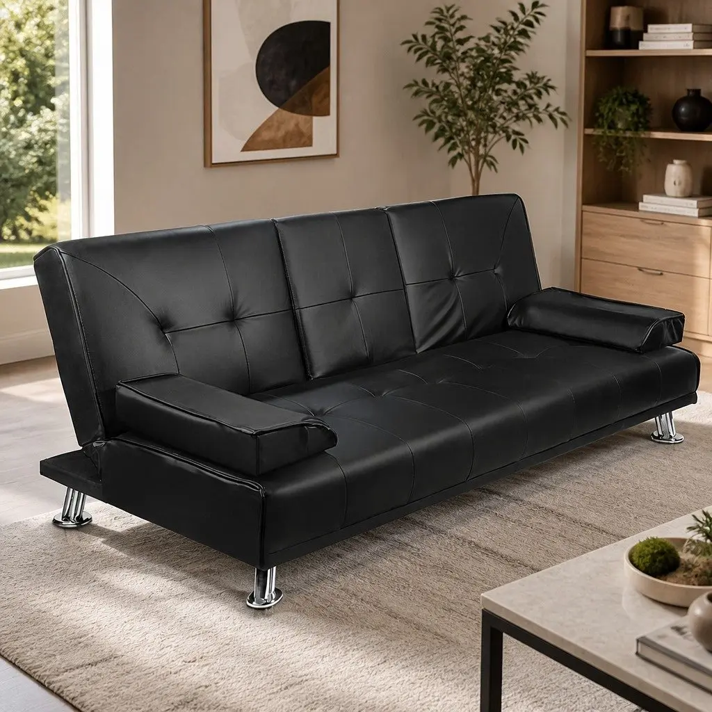 3 Seater Sofa Bed Black Faux Leather Convertible Lounge Recliner with Cup Holder