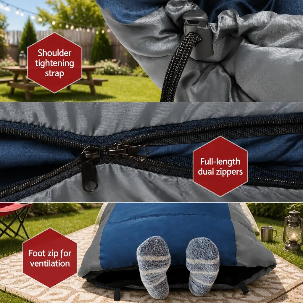 Single Sleeping Bag Thermal Camping Hiking Outdoor -20°C Temperature Navy Grey