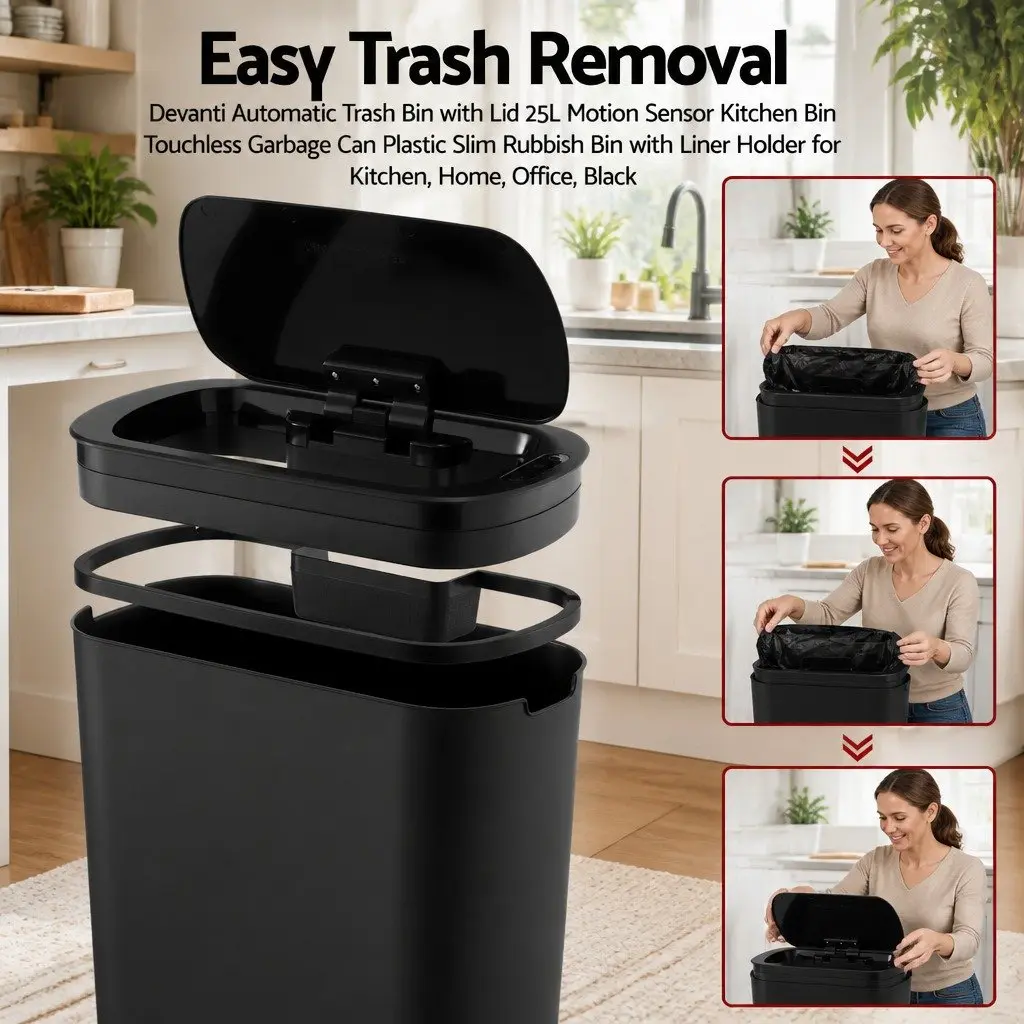 Automatic Motion Sensor Trash Bin 21L Touchless Kitchen Garbage Can Slim Black