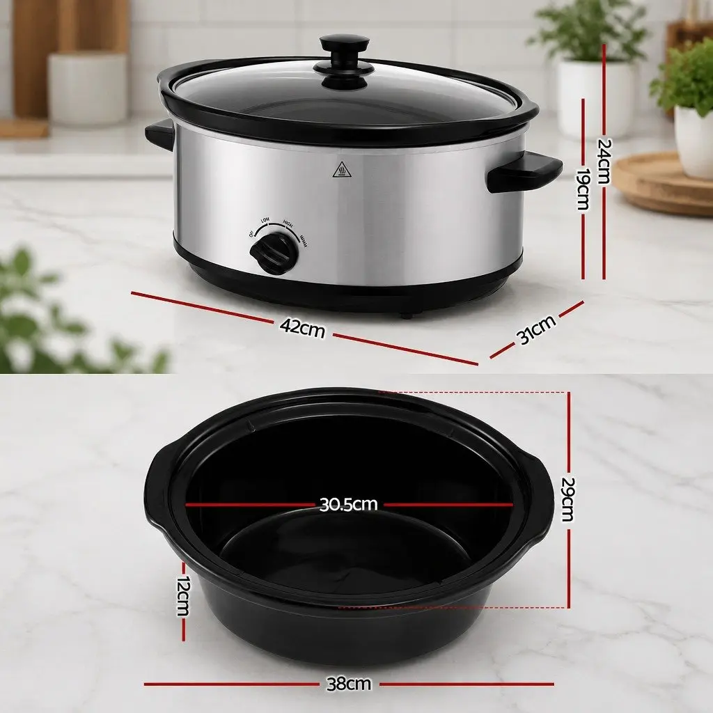 Slow Cooker Silver 6.5L Electric Multi Cooker 3 Heat Settings Keep Warm