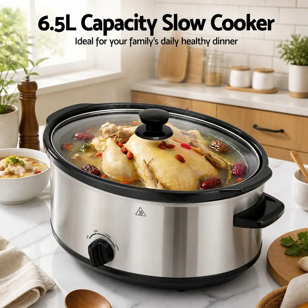 Slow Cooker Silver 6.5L Electric Multi Cooker 3 Heat Settings Keep Warm