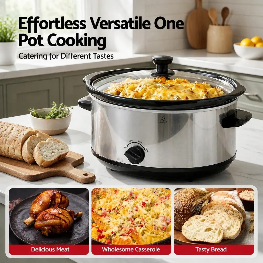 Slow Cooker Silver 6.5L Electric Multi Cooker 3 Heat Settings Keep Warm