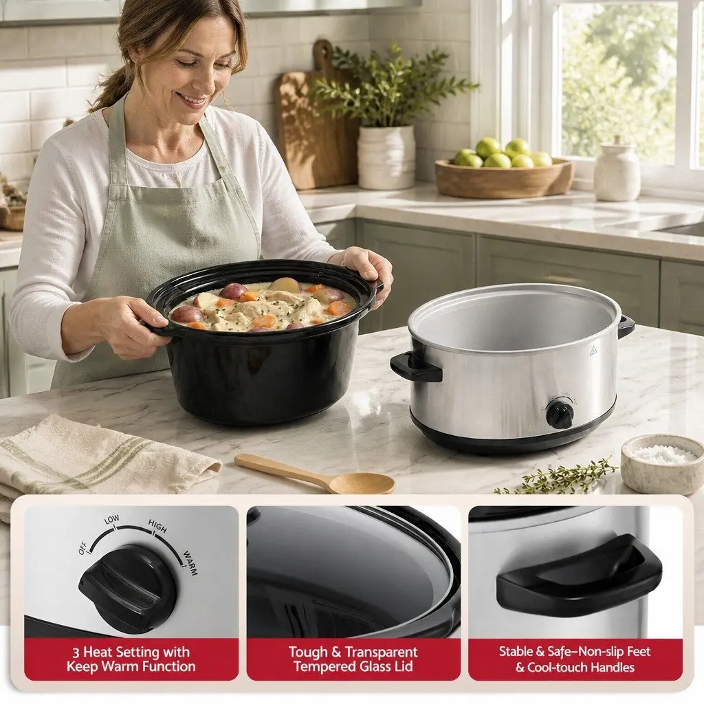Slow Cooker Silver 6.5L Electric Multi Cooker 3 Heat Settings Keep Warm
