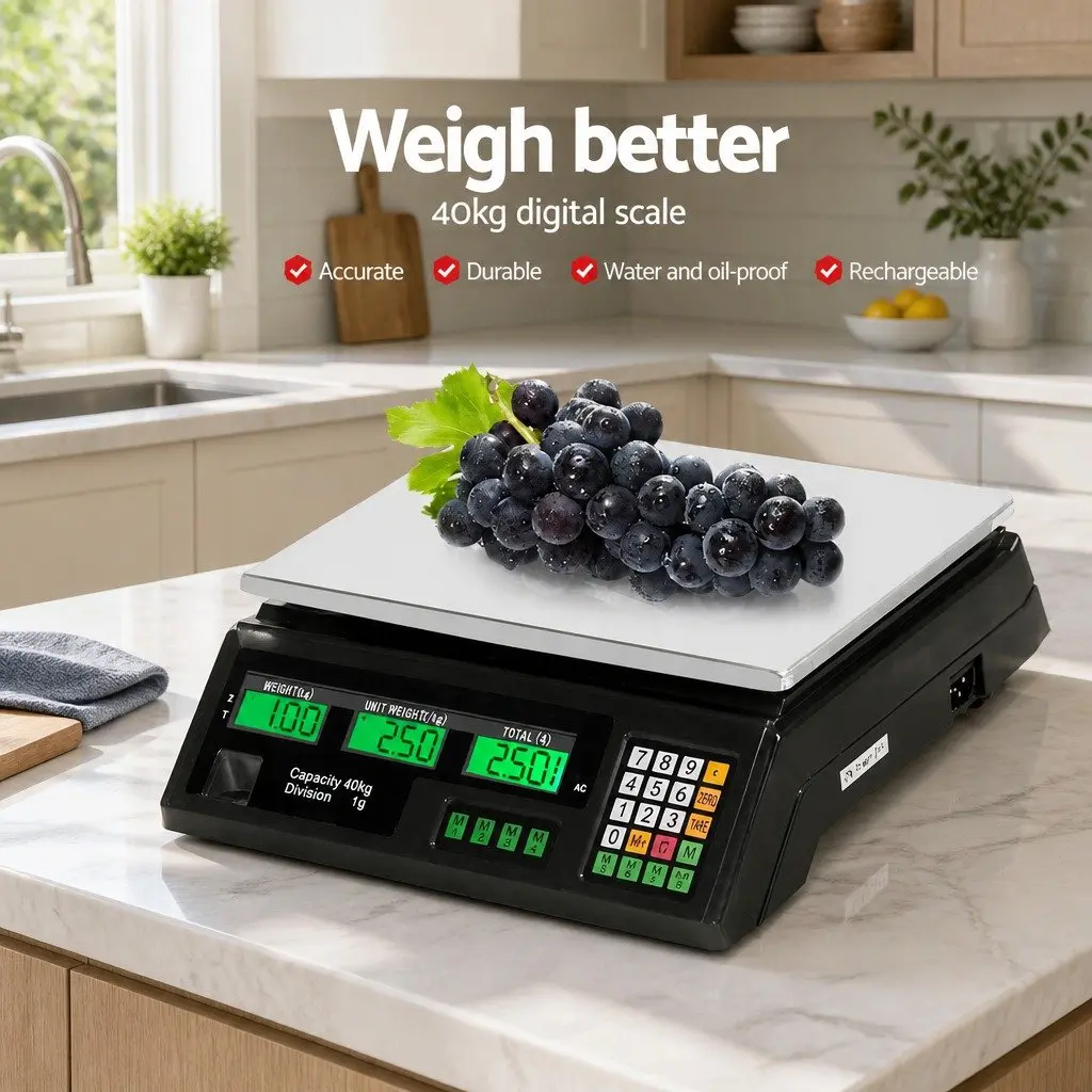 Digital Kitchen Scale Black 40kg Large LCD Display Rechargeable Battery Accurate Weighing