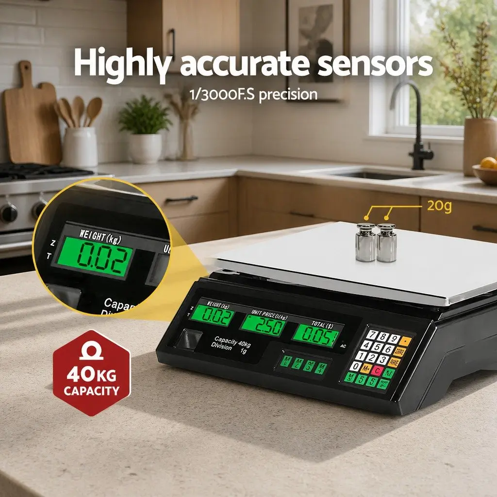 Digital Kitchen Scale Black 40kg Large LCD Display Rechargeable Battery Accurate Weighing