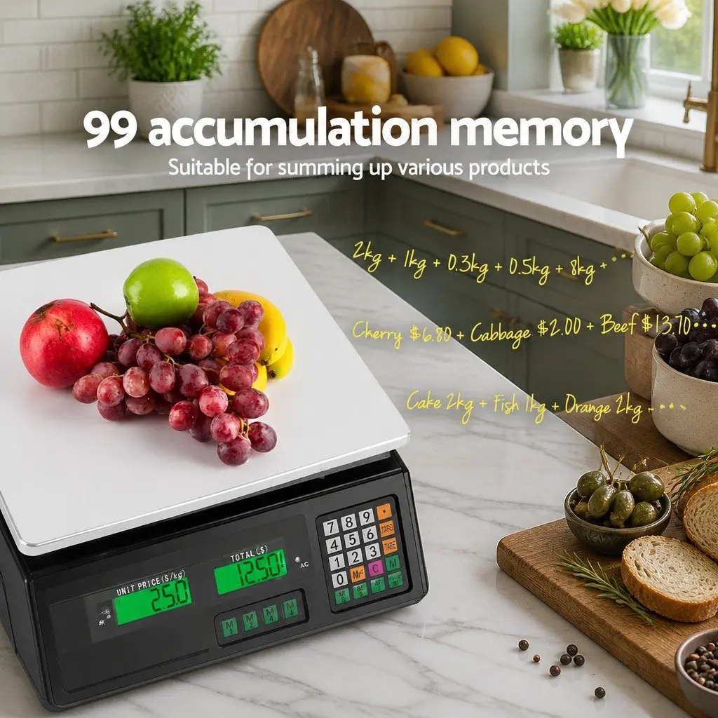 Digital Kitchen Scale Black 40kg Large LCD Display Rechargeable Battery Accurate Weighing