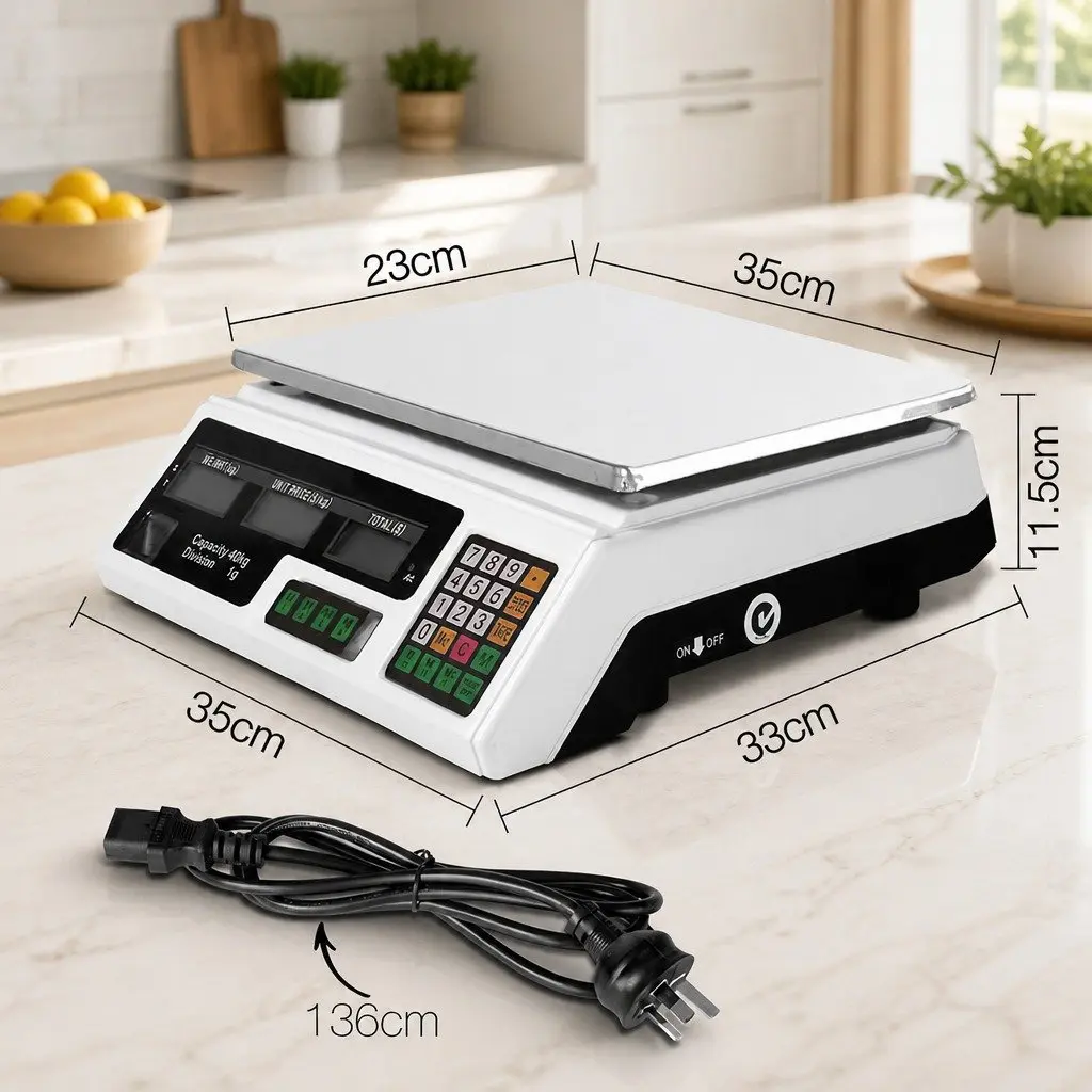 Digital Kitchen Scales White 40kg Stainless Steel Platform Dual LCD Display