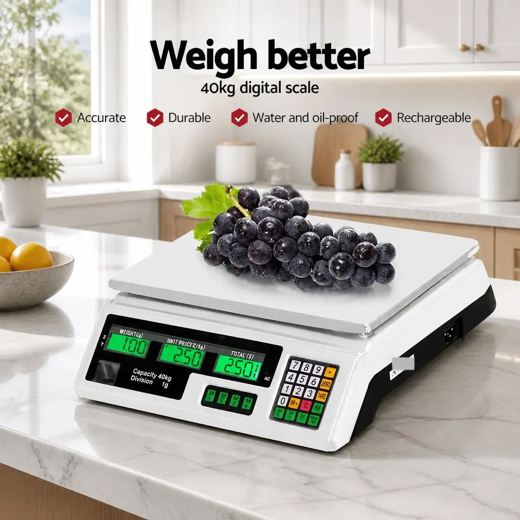 Digital Kitchen Scales White 40kg Stainless Steel Platform Dual LCD Display