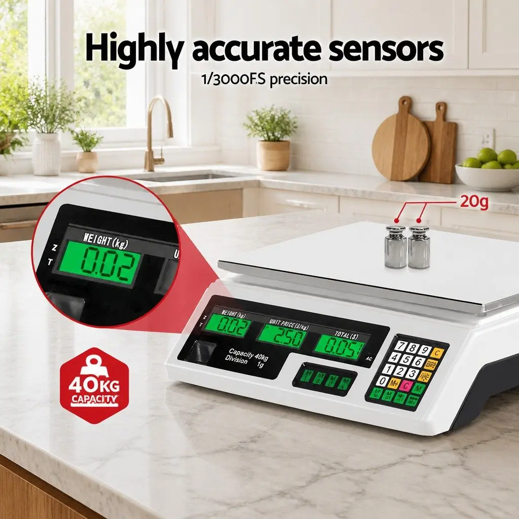 Digital Kitchen Scales White 40kg Stainless Steel Platform Dual LCD Display