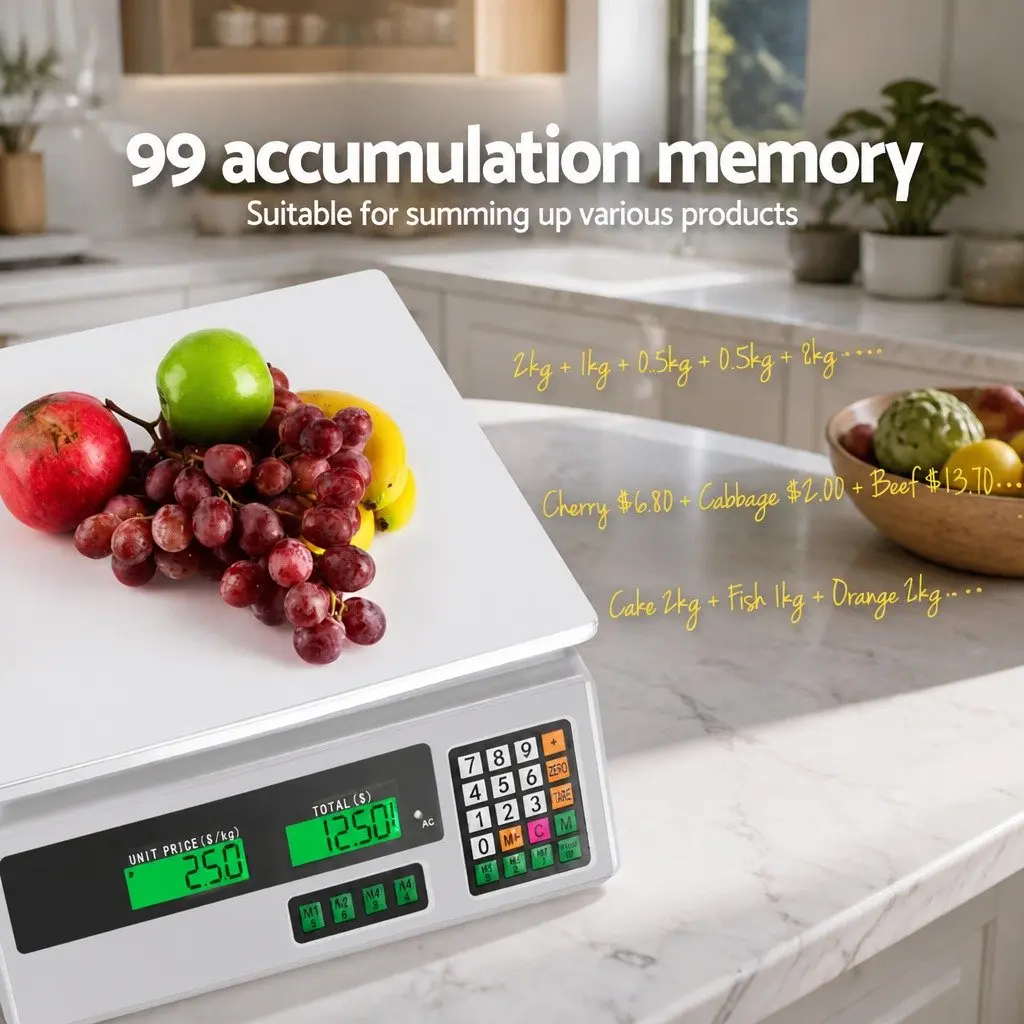 Digital Kitchen Scales White 40kg Stainless Steel Platform Dual LCD Display