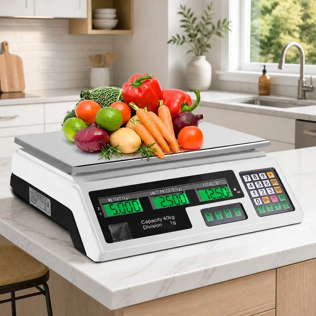 Digital Kitchen Scales White 40kg Stainless Steel Platform Dual LCD Display