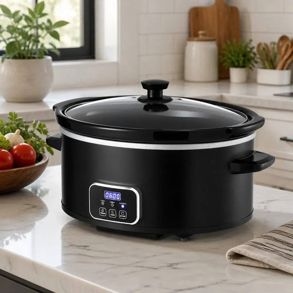 Electric Slow Cooker Black 5.6L Oval 3 Heat Settings Keep Warm Function